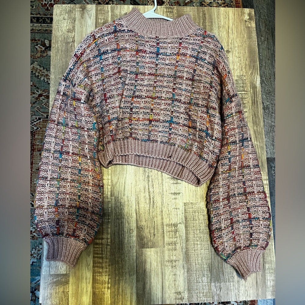 Pink Shein Knitted Sweater with blue and yellow threads